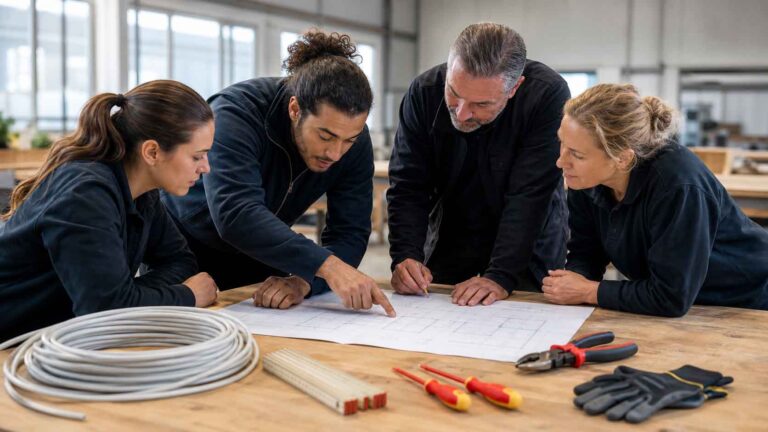Illustrationsbild för Campus Mölndals första el- och energiutbildning, där vuxenstuderande planerar ett elarbete tillsammans.
